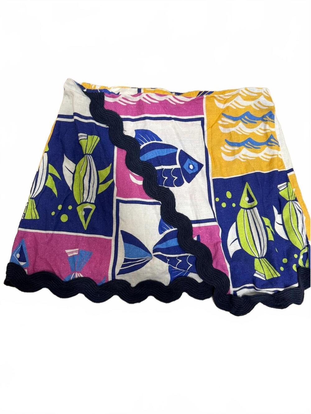 Asymmetrical Scallop-Trim Mini Skirt in Multicolor Fish Print